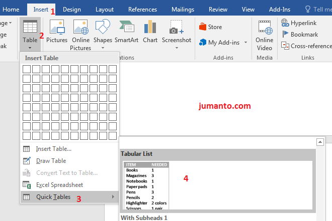 cara membuat quick table di microsoft word