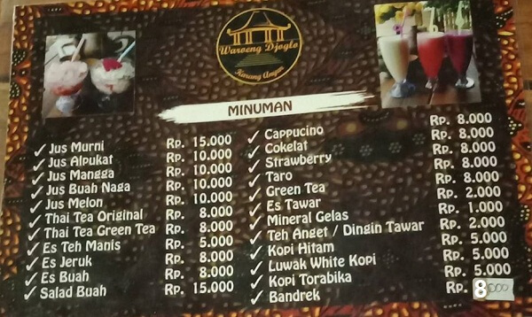 menu minuman di warung joglo karanganyar lampung